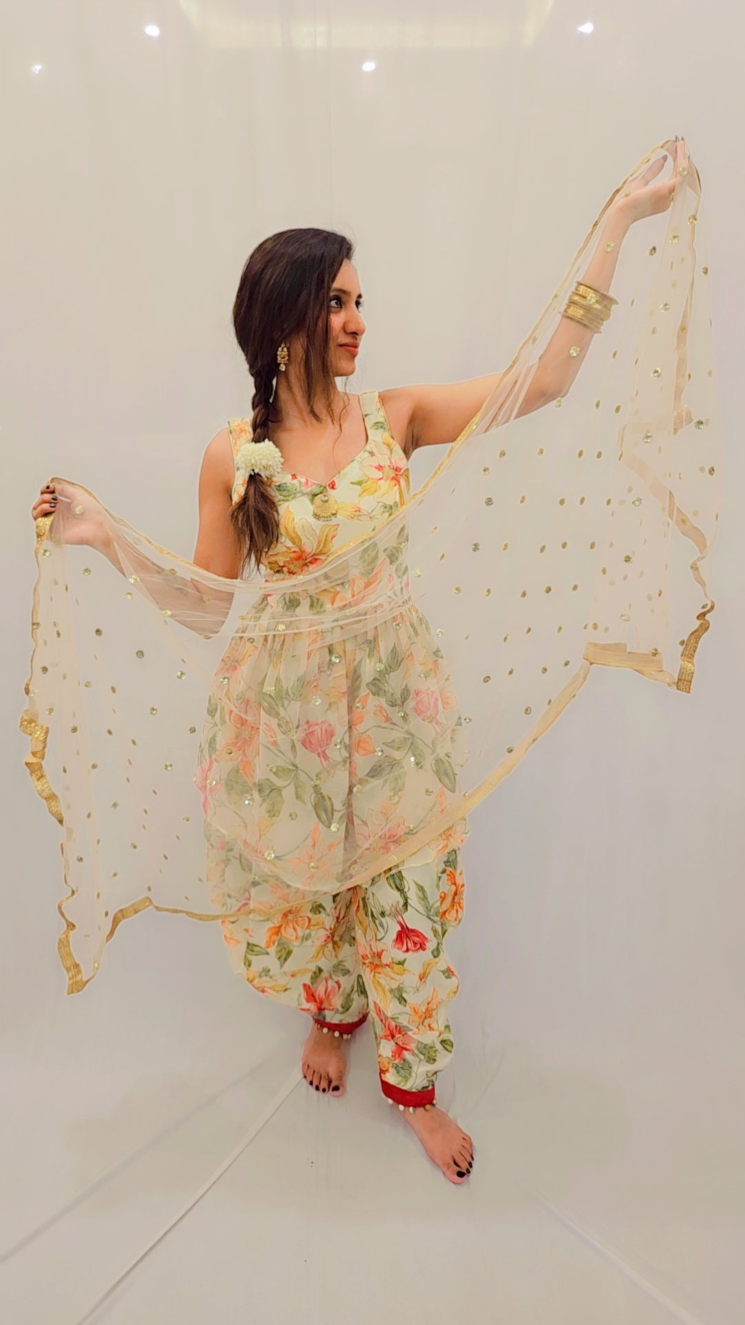 Beige Floral Dhoti Set