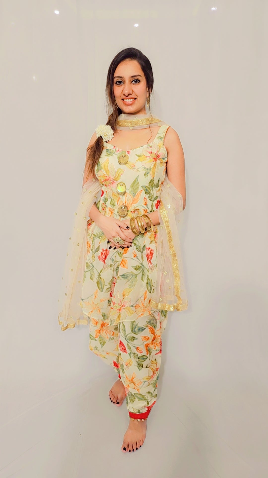 Beige Floral Dhoti Set