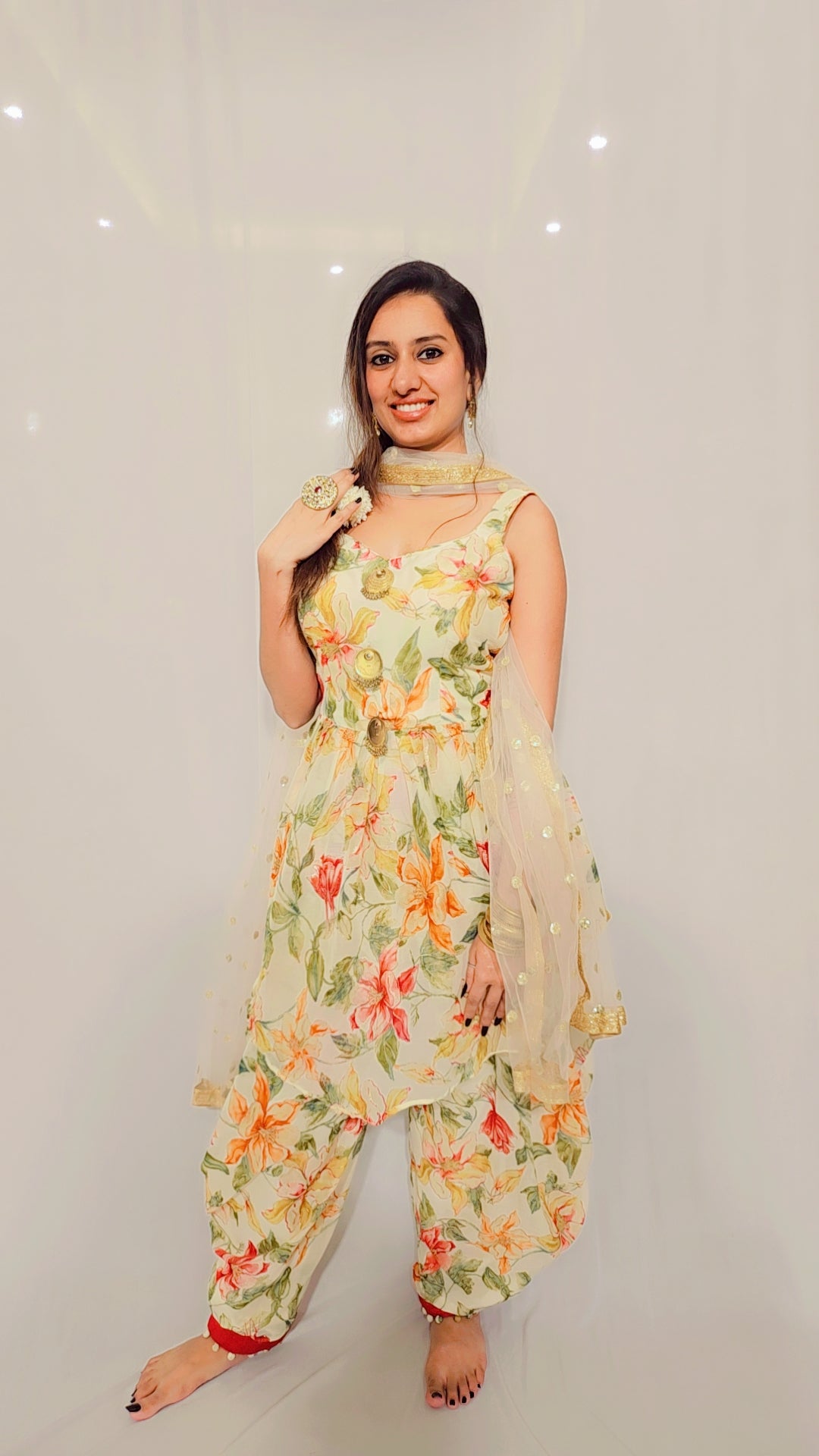 Beige Floral Dhoti Set