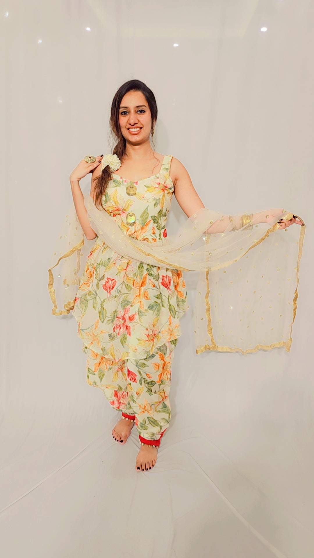 Beige Floral Dhoti Set